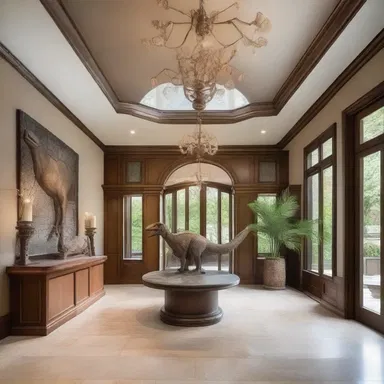 The luxurious mansion featured a grand entrance hall adorned with a life-size fossil replica of an Anatotitan, adding a touch of prehistoric elegance to the design.