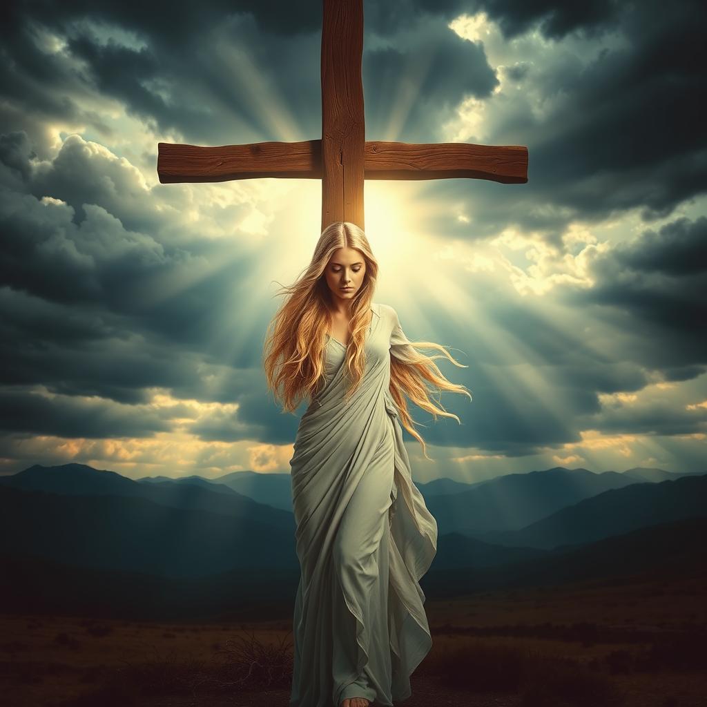 An artistic and powerful depiction of a crucifixion scene featuring a radiant blonde woman, set against a swirling stormy sky filled with dark clouds and shafts of light breaking through