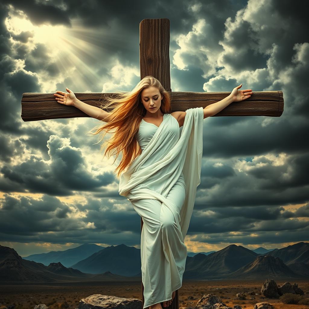 An evocative and powerful depiction of a crucifixion featuring a radiant blonde woman