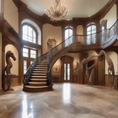 The luxurious mansion featured a grand entrance hall adorned with a life-size fossil replica of an Anatotitan, adding a touch of prehistoric elegance to the design.