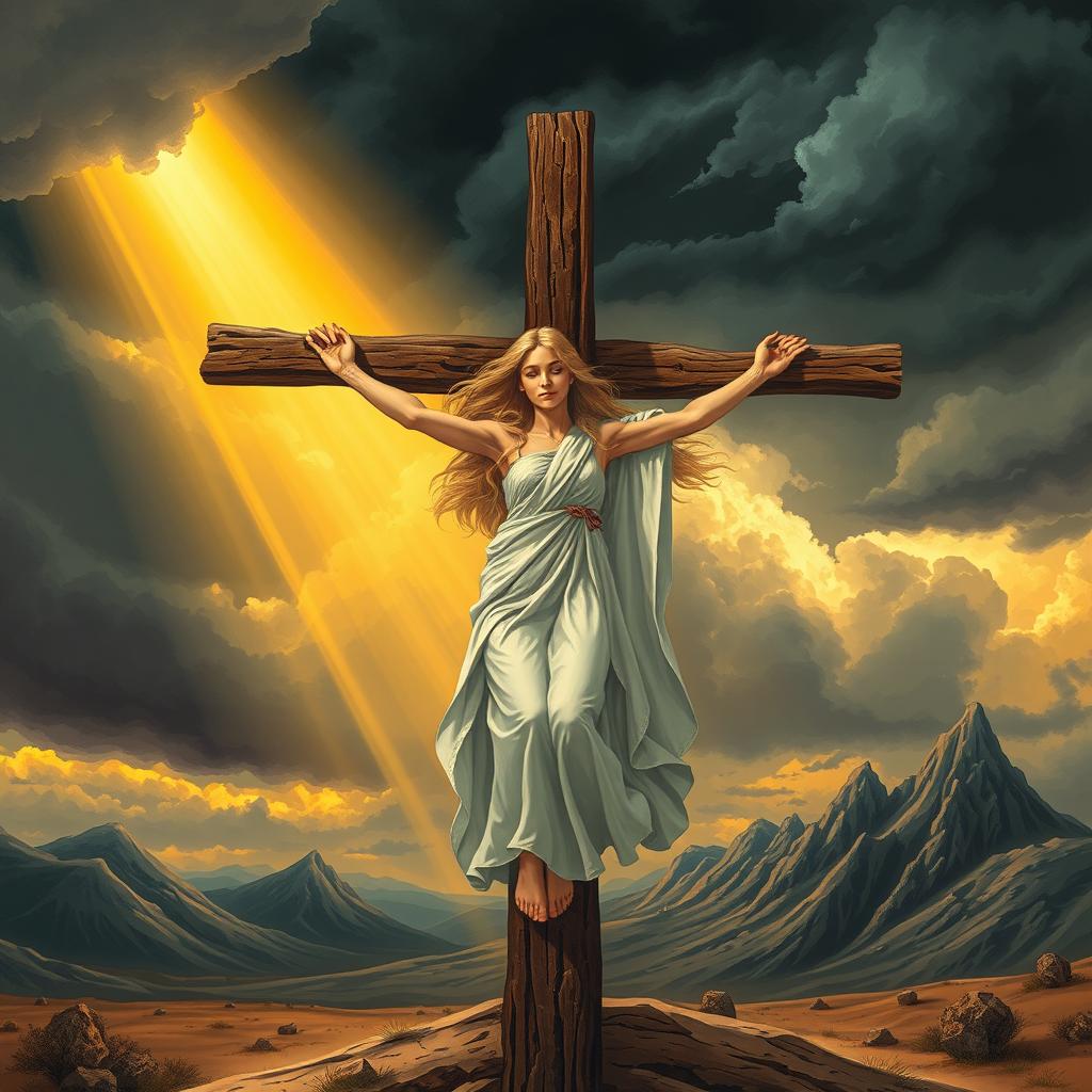 A powerful and evocative illustration of a crucifixion scene featuring a radiant blonde woman