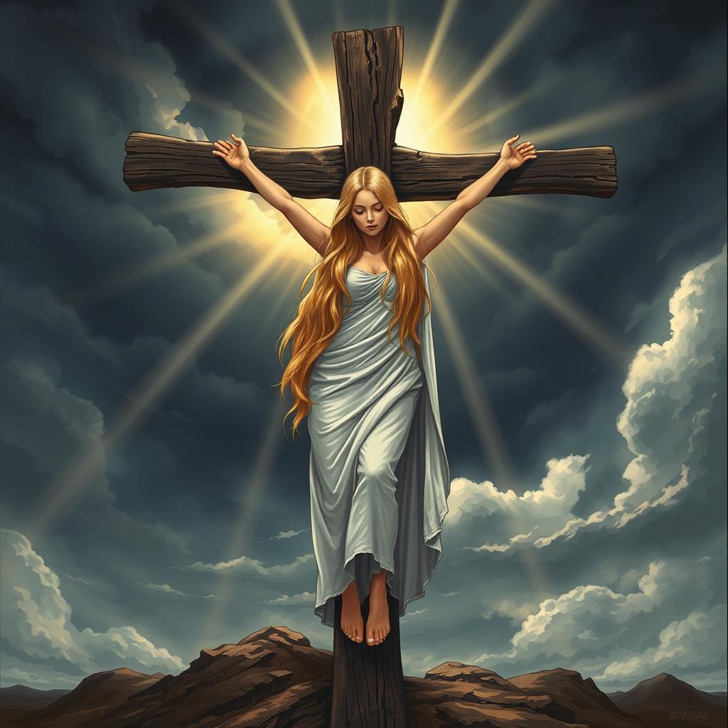 An intense and poignant illustration of a crucifixion scene featuring a striking blonde woman
