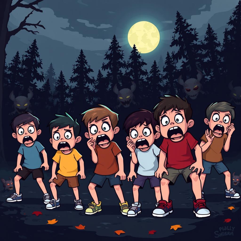 A scene depicting several frightened boys in a pixel art style