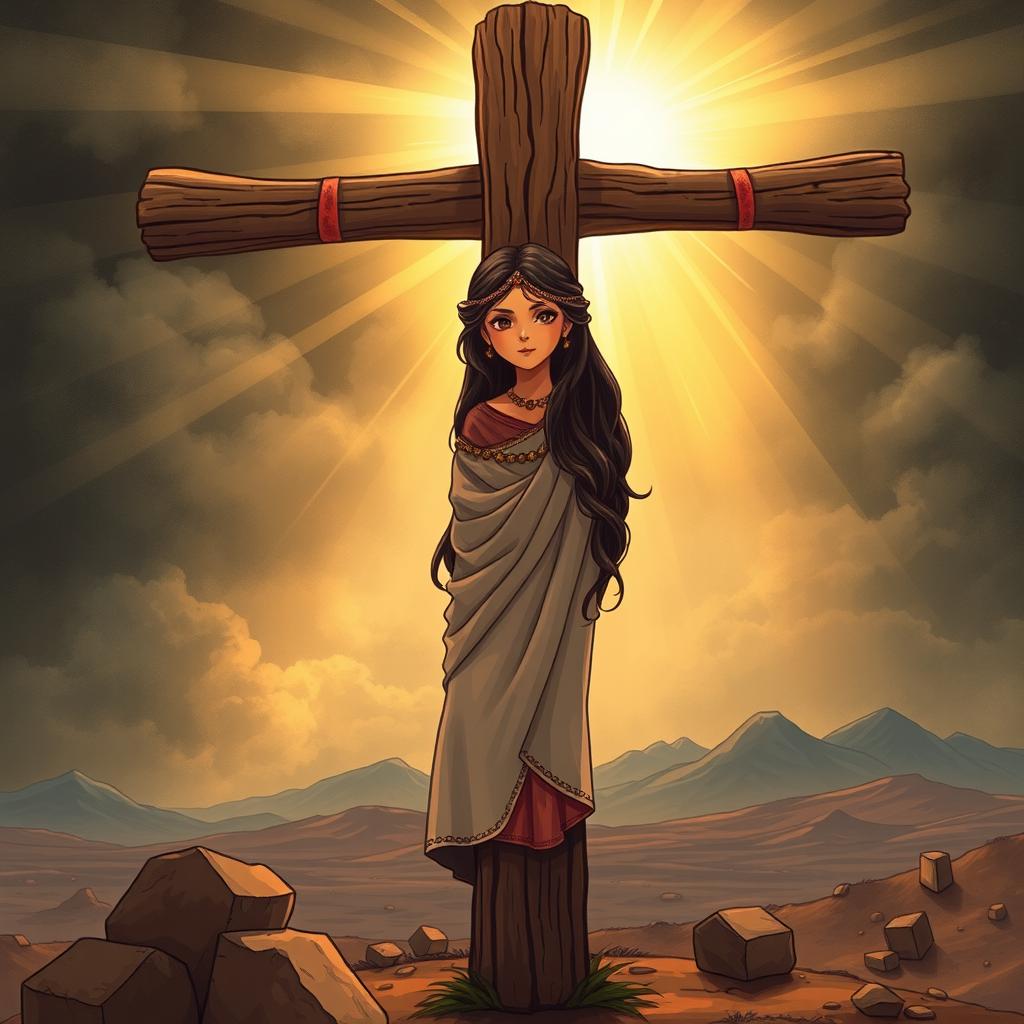 A poignant and symbolic illustration of a crucifixion scene featuring an Arab girl