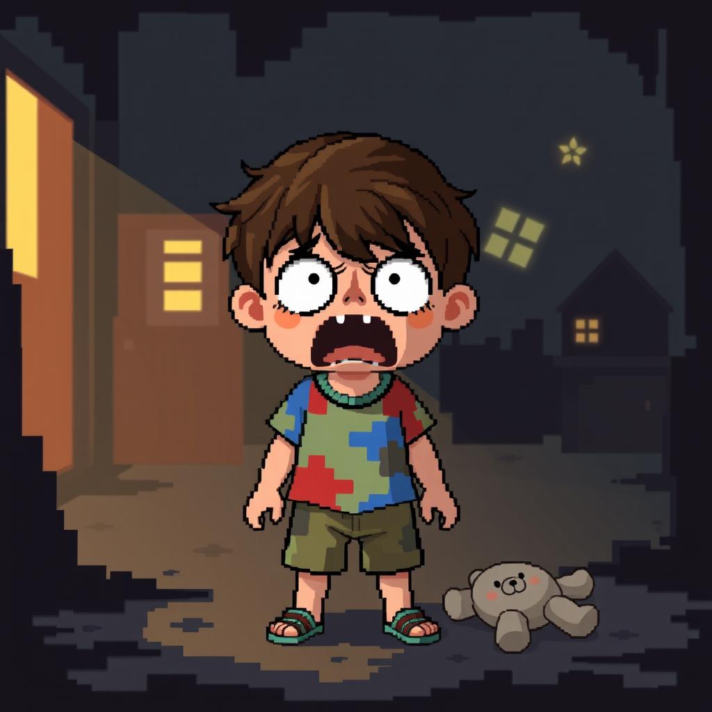A frightened child depicted in a pixel art style