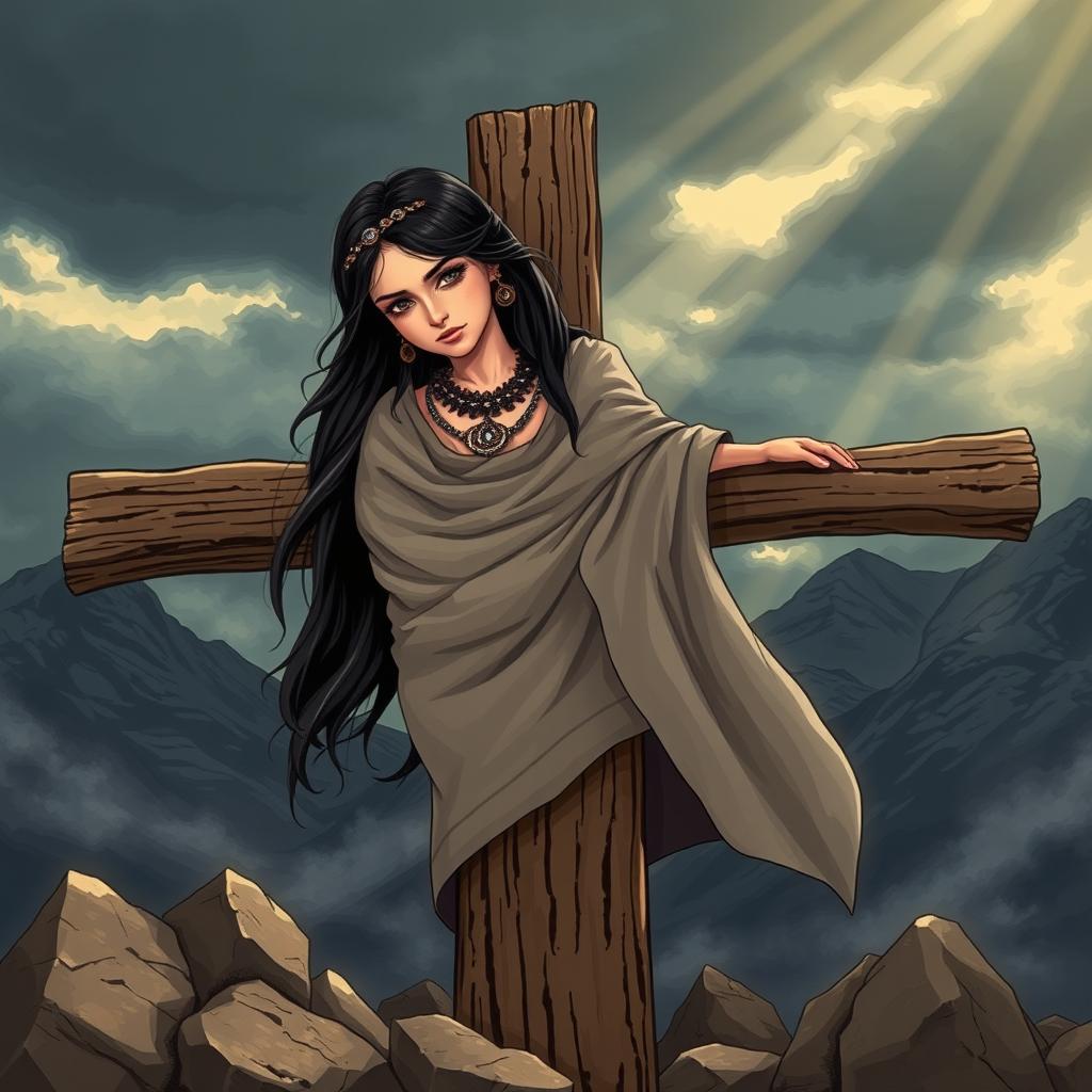 A dramatic and symbolic illustration of a crucifixion scene featuring an Arab girl