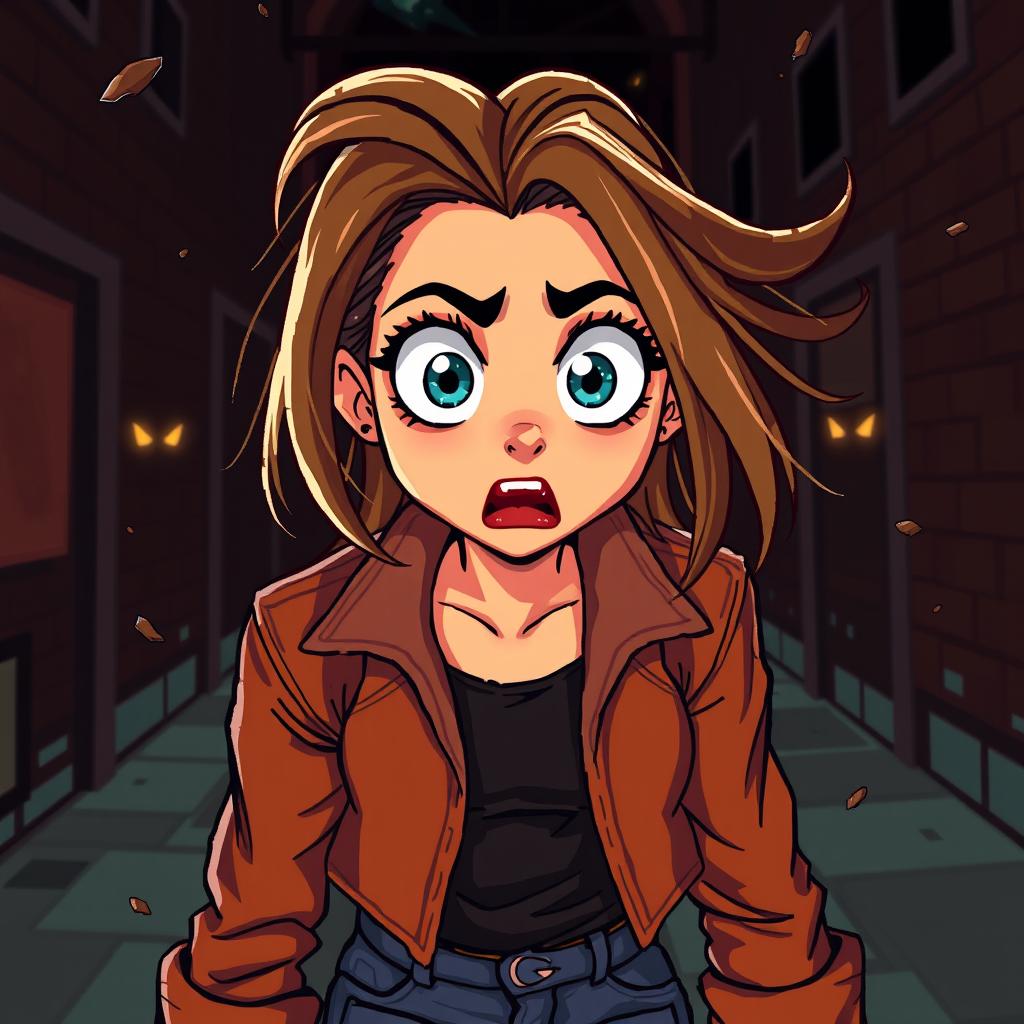 A young woman depicted in a pixel art style, showing an expression of fear