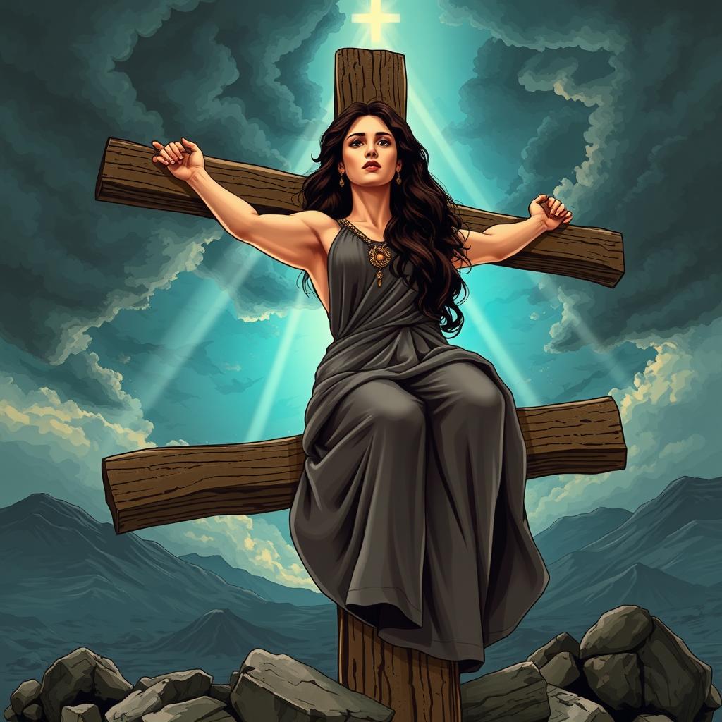 A powerful and symbolic illustration of a crucifixion scene featuring an Arab brunette woman