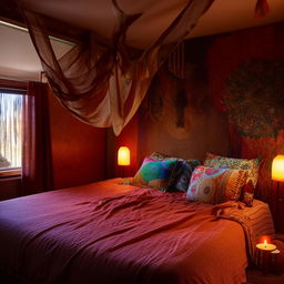 A bohemian bedroom captured in a photo. The room is lit by candlelight, revealing a wooden bed and brightly colored, vibrant furnishings. The room offers a perfect blend of comfort and style, clearly demonstrating tasteful interior design through a window.