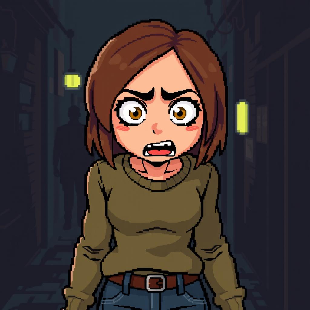 A young woman depicted in a pixel art style, showcasing an expression of fear with wide, expressive eyes and mouth slightly open in alarm