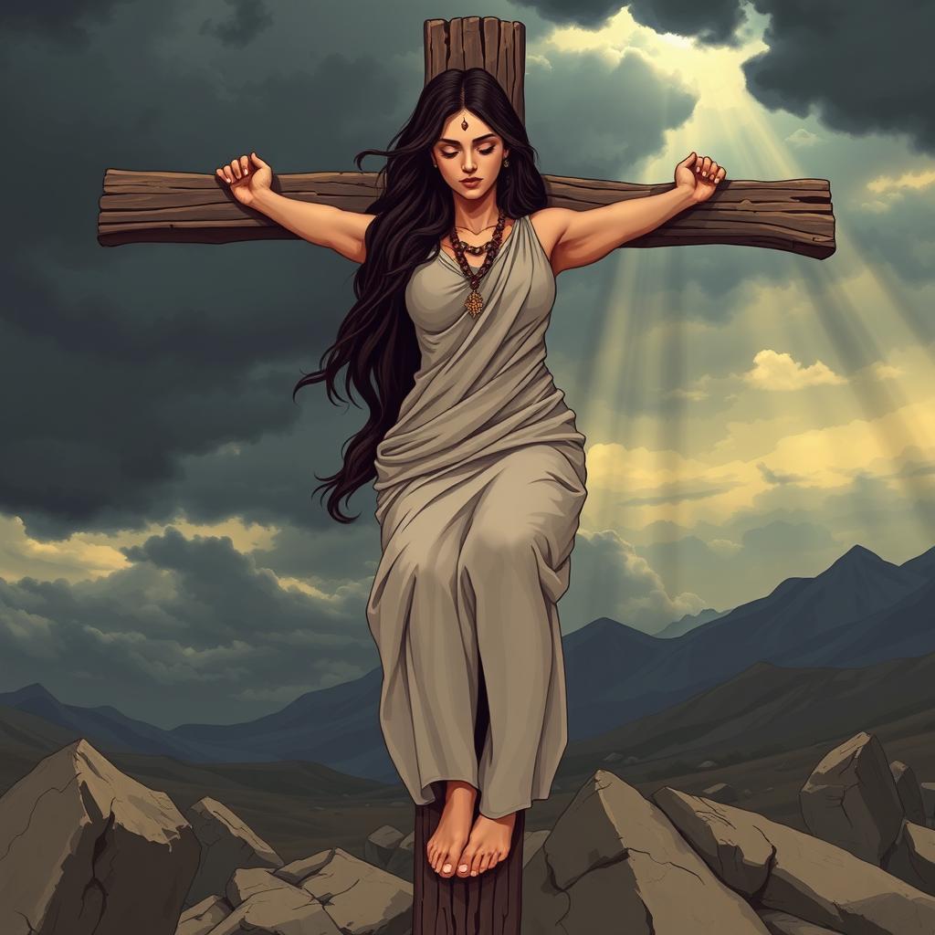 A striking and symbolic illustration of a crucifixion scene featuring an Arab brunette woman