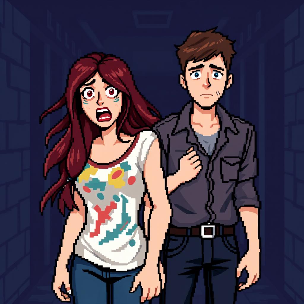 A woman and a young man portrayed in a pixel art style, both exhibiting expressions of fear