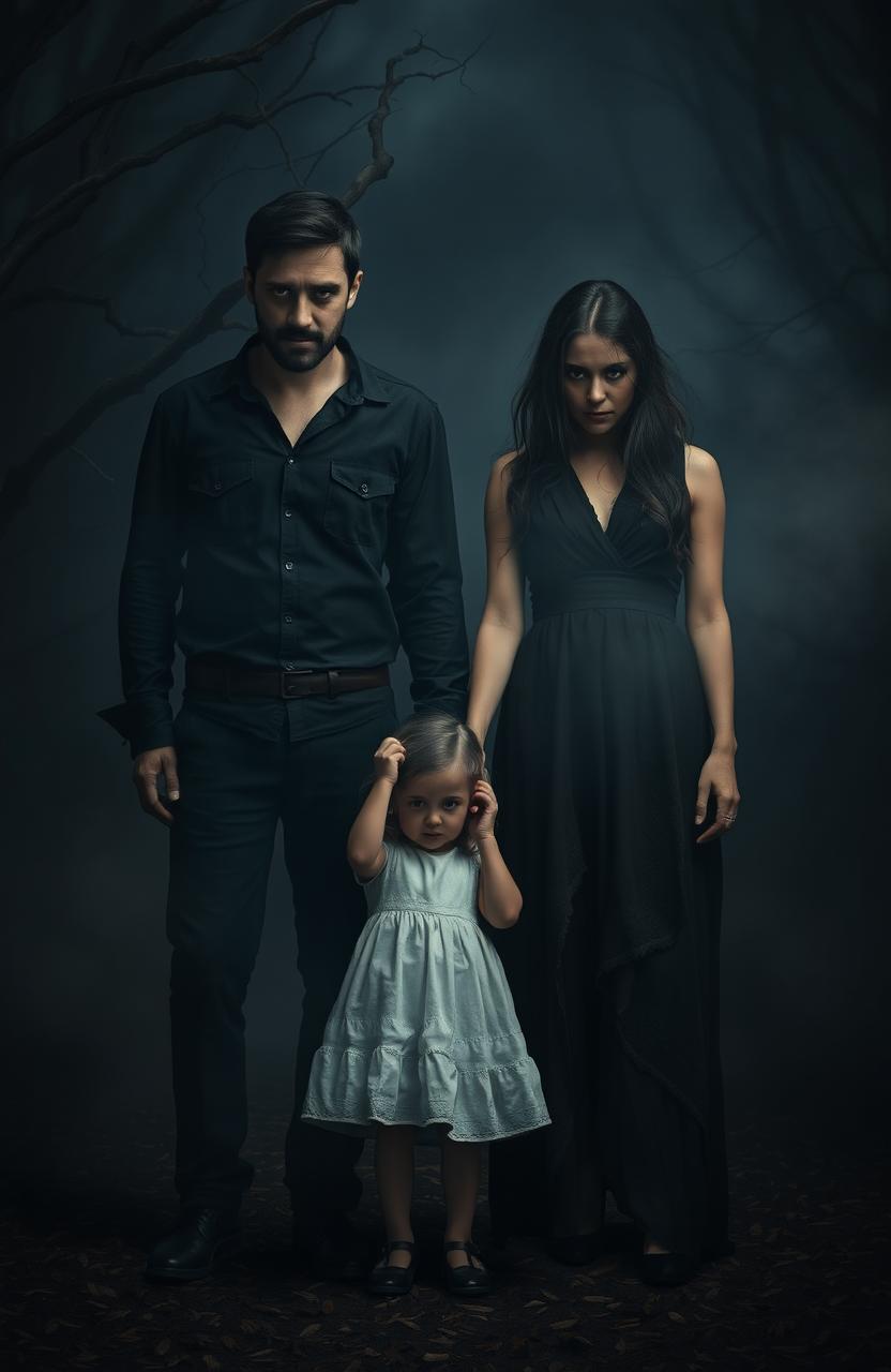 A chilling scene featuring a husband and wife standing together with an ominous expression, dressed in dark, tattered clothing that suggests a horror theme