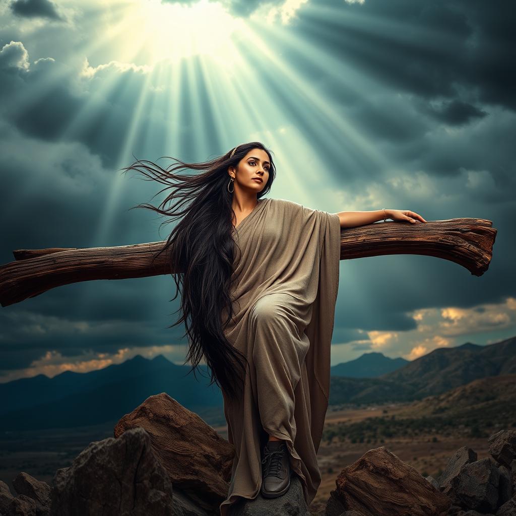 A poignant and symbolic depiction of a crucifixion scene showing an Arab brunette woman