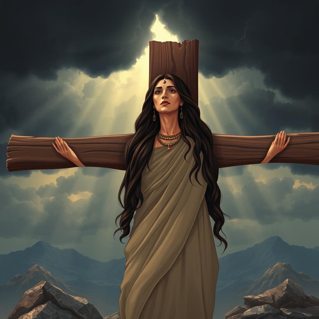 A powerful and evocative illustration of a crucifixion scene featuring an Arab brunette woman