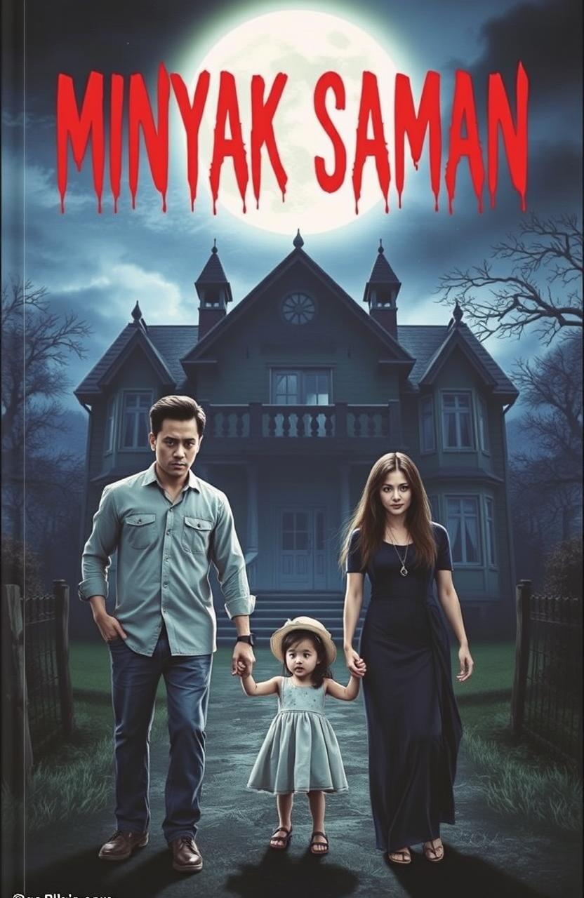 A chilling novel cover featuring a Malaysian husband and wife, both with fearful expressions, holding hands with their little girl