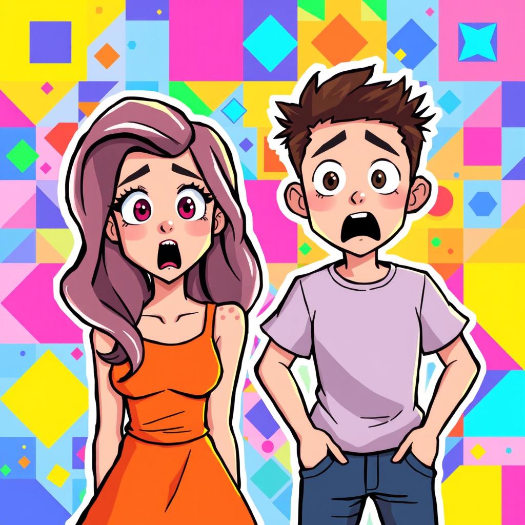 A woman and a young man illustrated in a vibrant pixel art style, both displaying expressions of surprise