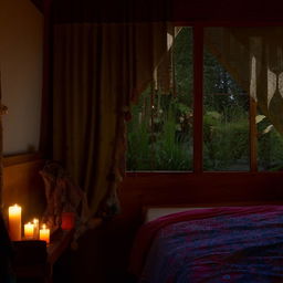 A bohemian bedroom captured in a photo. The room is lit by candlelight, revealing a wooden bed and brightly colored, vibrant furnishings. The room offers a perfect blend of comfort and style, clearly demonstrating tasteful interior design through a window.