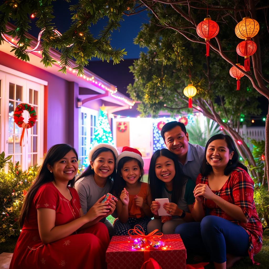 A joyful Filipino family celebrating Christmas outdoors, surrounded by vibrant Christmas lights adorning their home and garden