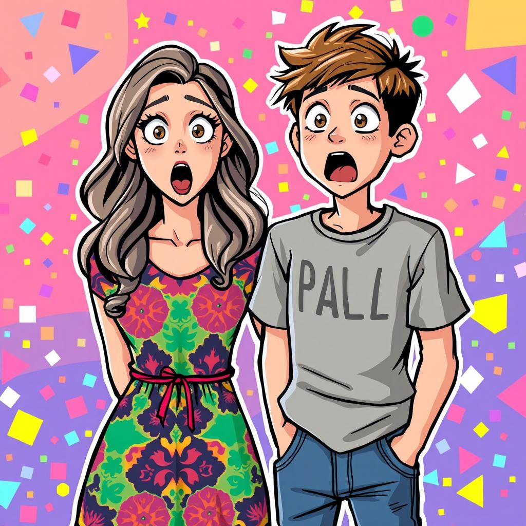 A woman and a young man illustrated in a vibrant pixel art style, both displaying expressions of surprise