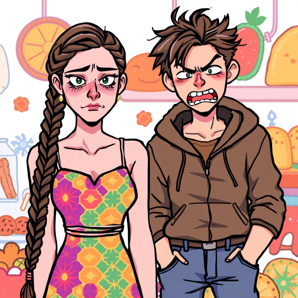 A woman and a young man illustrated in a pixel art style, both showing expressions of disgust