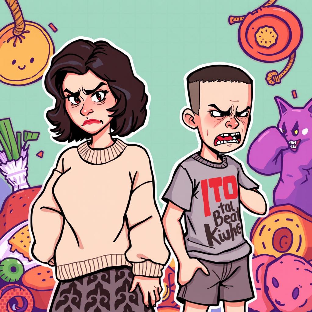 A woman and a young man illustrated in a pixel art style, both exhibiting strong expressions of disgust