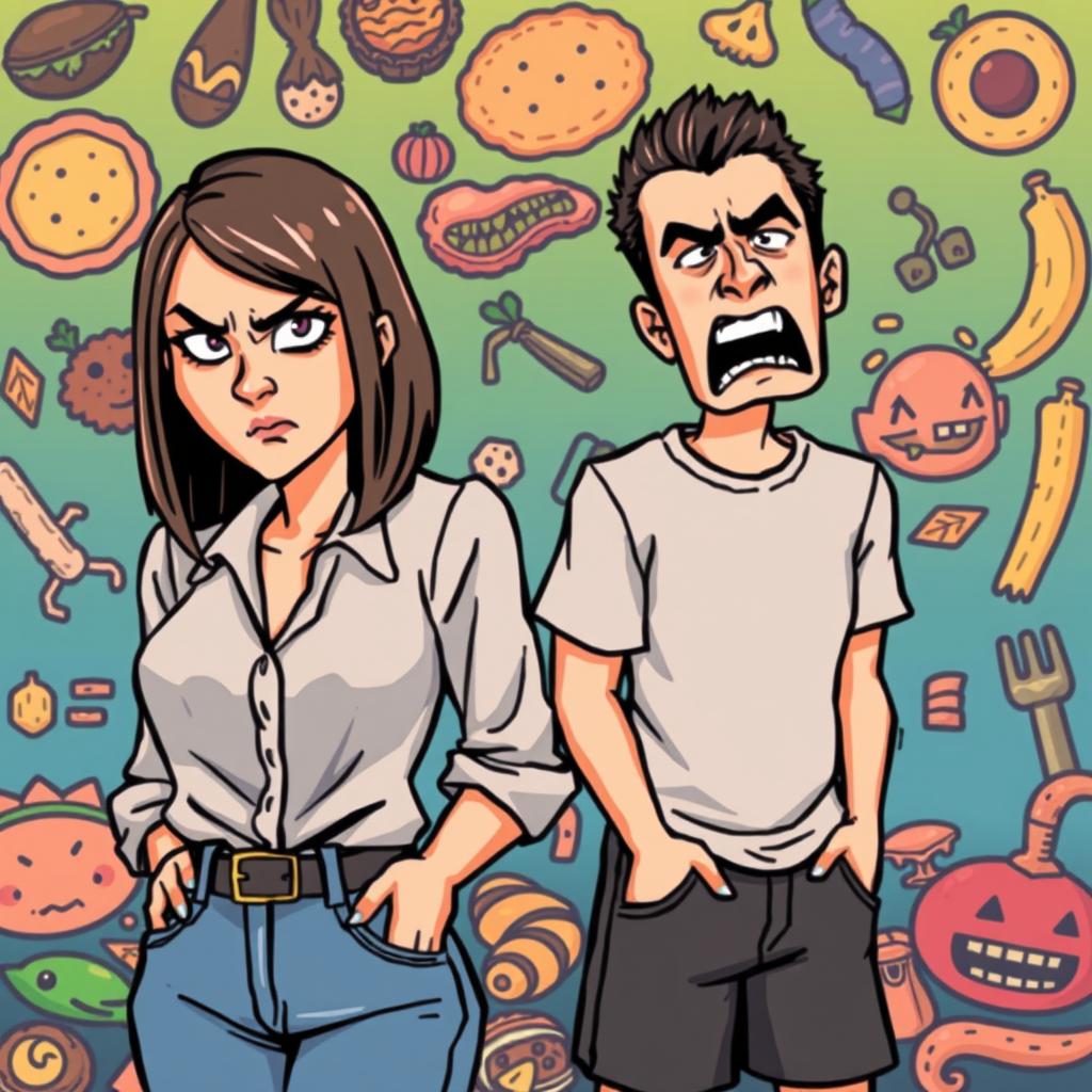 A woman and a man depicted in a pixel art style, both displaying strong expressions of disgust