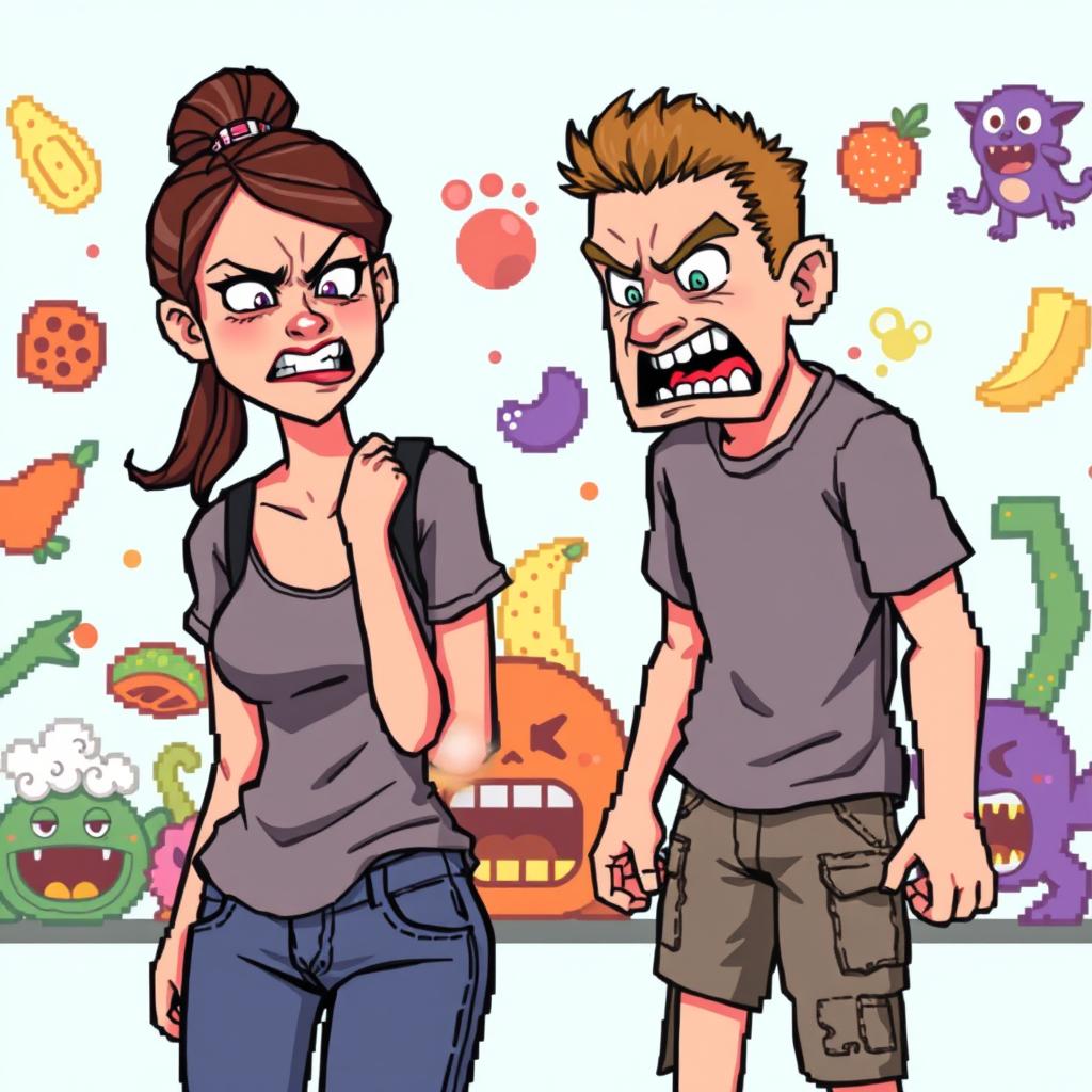 A woman and a man depicted in a pixel art style, both conveying strong feelings of disgust