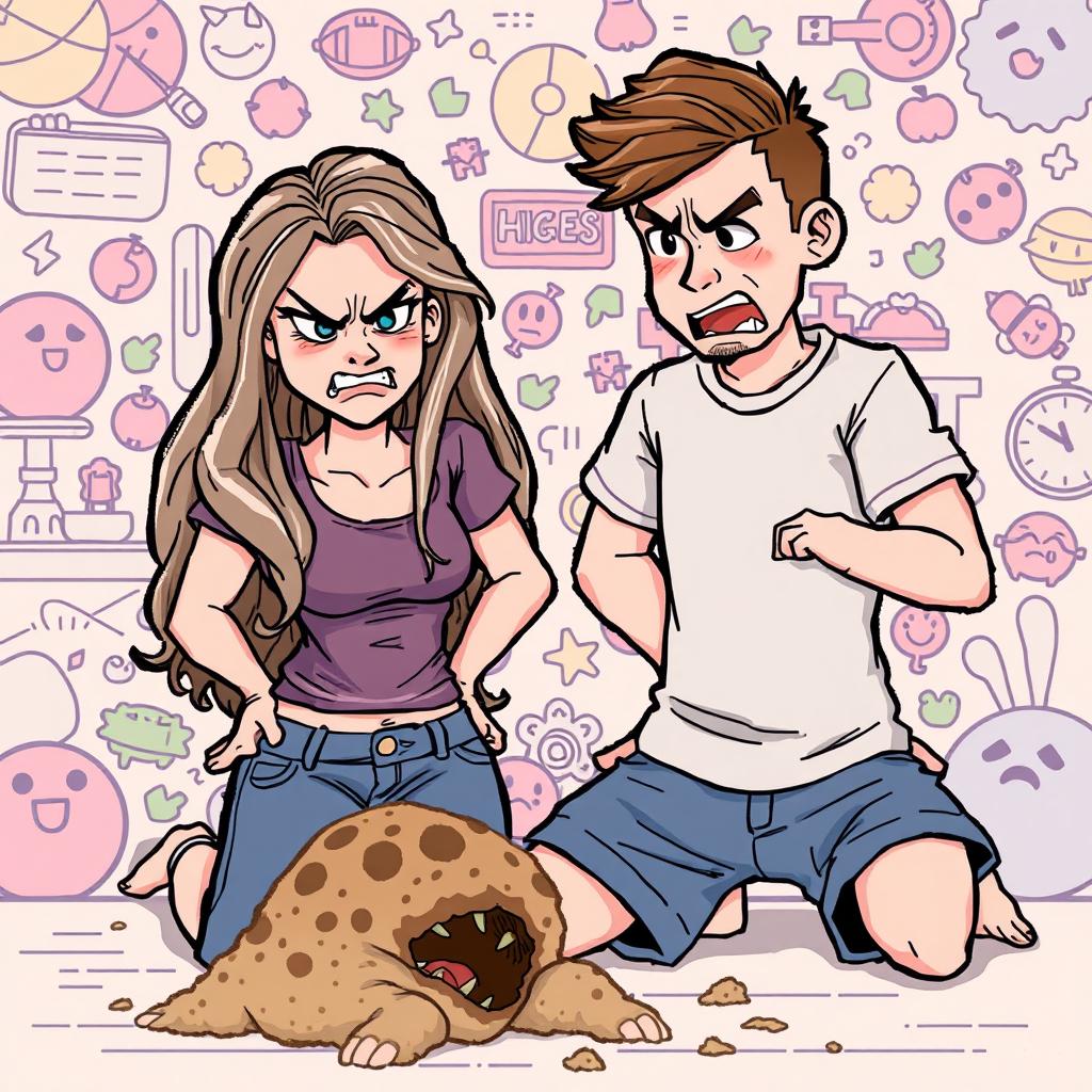 A man and a woman illustrated in a pixel art style, both displaying strong feelings of disgust as they look at an unappealing object on the floor