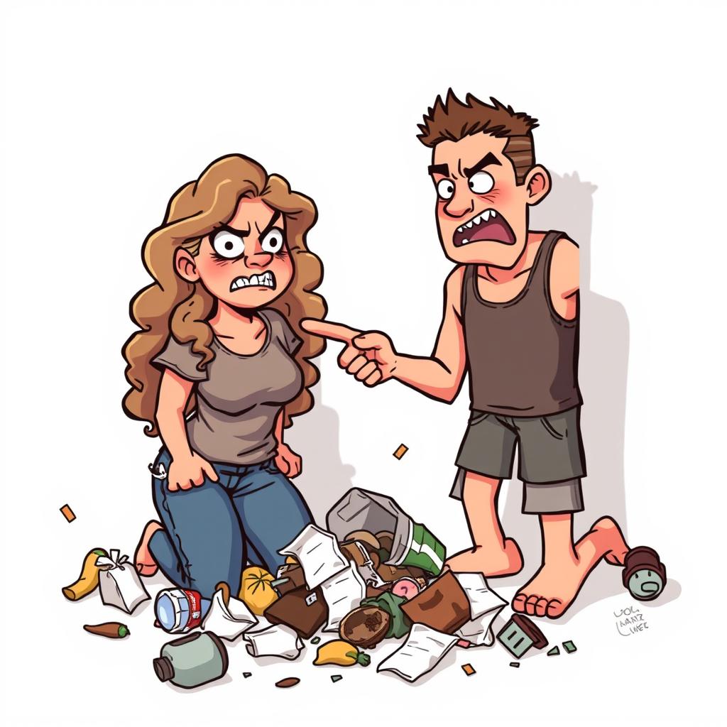 A man and a woman illustrated in a pixel art style, both feeling disgusted as they react to garbage strewn on the floor
