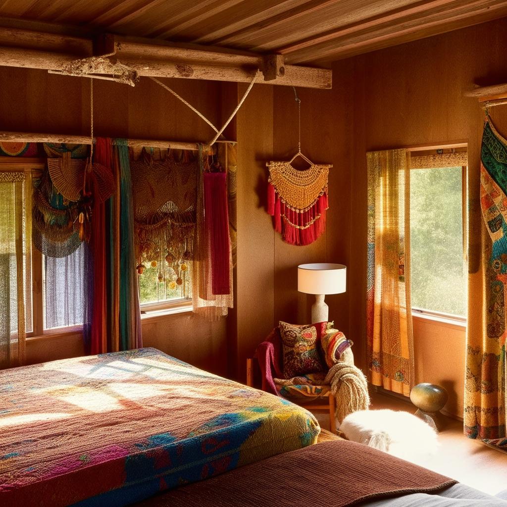 A bohemian styled bedroom with a wooden bed. The room is brightly lit and decorated with colorful, vibrant furnishings. This is an interior design photograph.