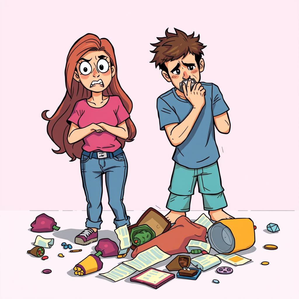 A man and a woman illustrated in a pixel art style, both feeling disgusted as they react to garbage scattered on the floor