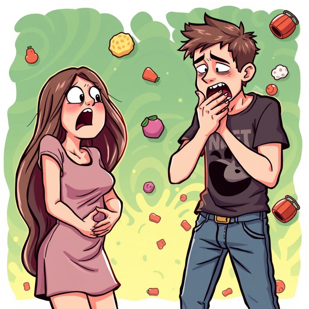A man and a woman illustrated in a pixel art style, both looking visibly nauseous as if they are about to vomit
