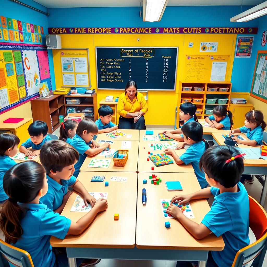 A vibrant classroom scene depicting a second grade math competition with students engaging in various math activities