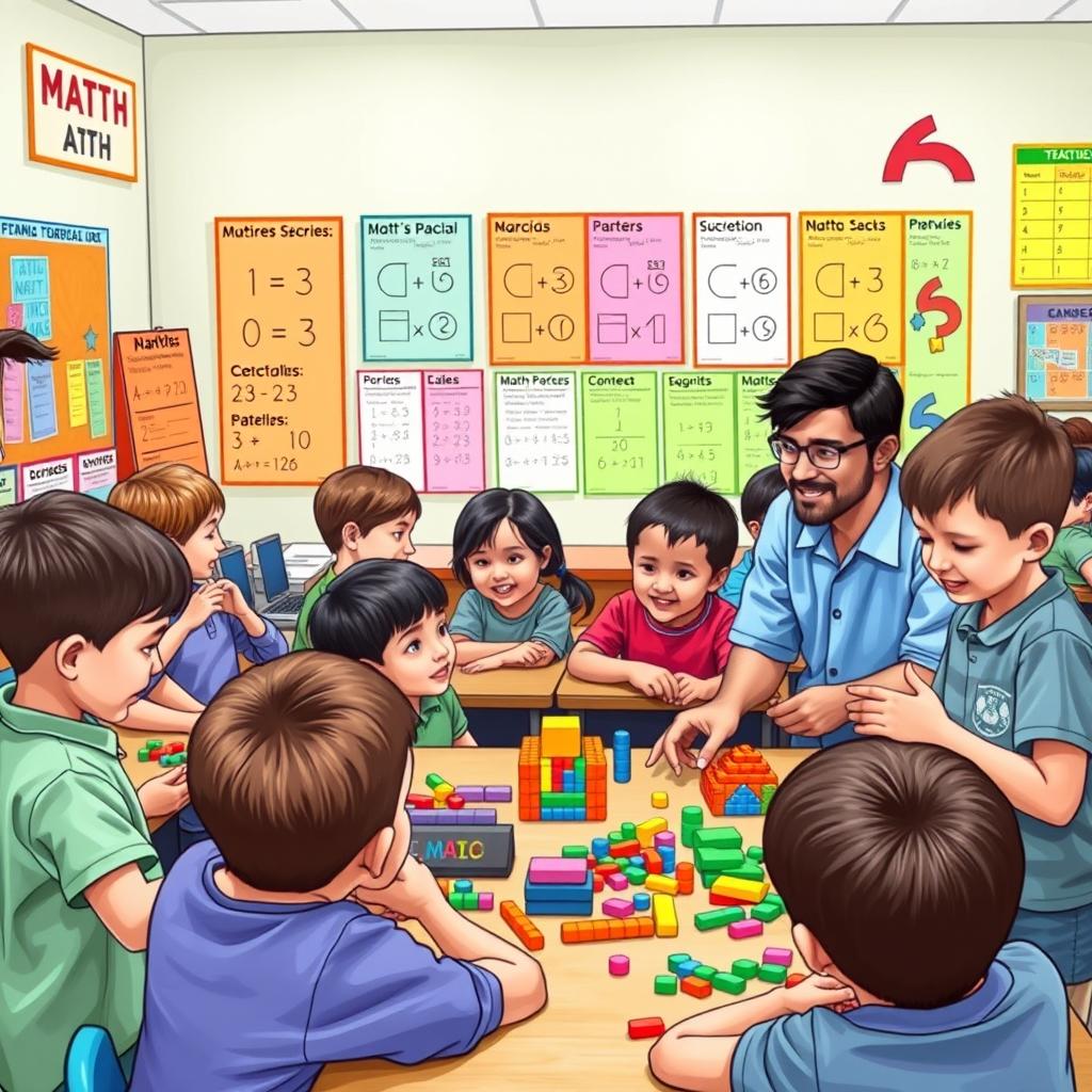 A lively classroom scene illustrating a second grade math competition among groups of young students, showcasing their enthusiasm for learning