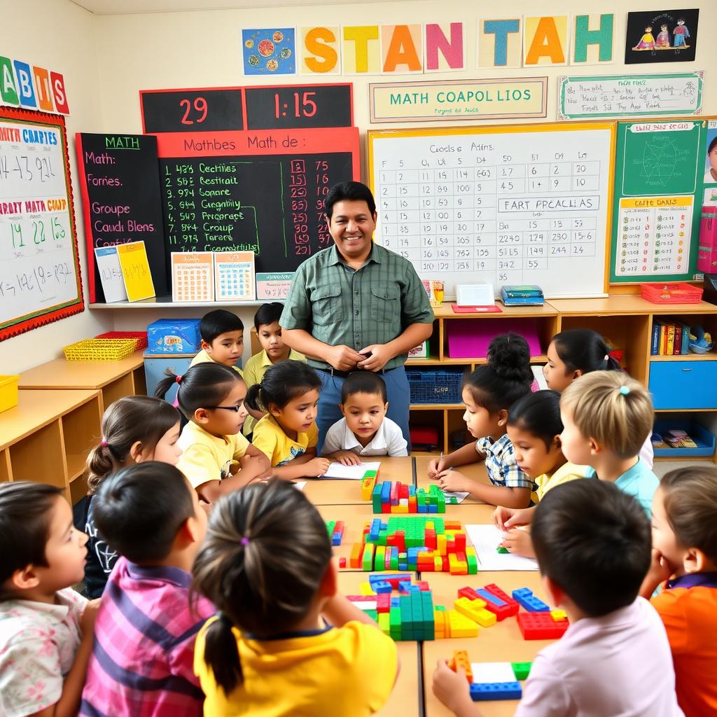 An engaging classroom environment for a second grade math competition, where groups of young students are enthusiastically participating in various math challenges