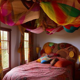 A bohemian styled bedroom with a wooden bed. The room is brightly lit and decorated with colorful, vibrant furnishings. This is an interior design photograph.