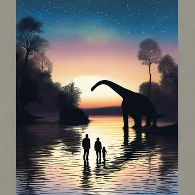 Under the starry night sky, a couple strolls hand in hand, gazing at the mesmerizing sight of an Anatotitan gracefully wading through a nearby river.