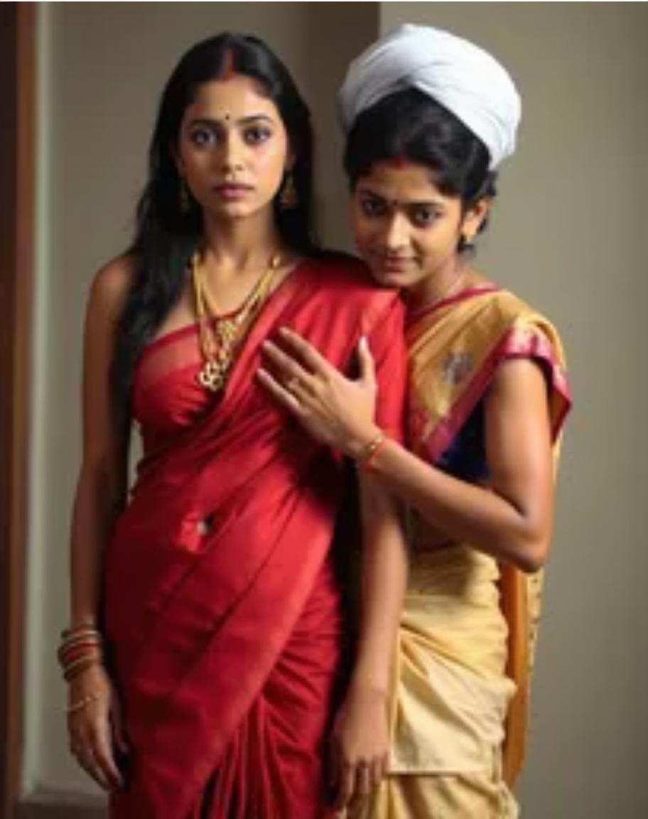 A graceful portrait of two women dressed in traditional Indian attire