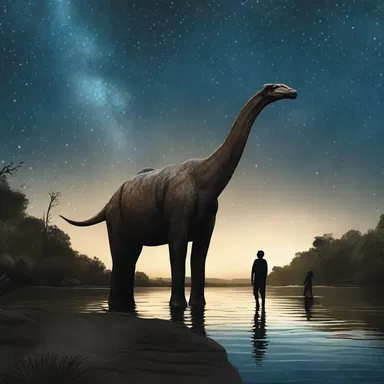 Under the starry night sky, a couple strolls hand in hand, gazing at the mesmerizing sight of an Anatotitan gracefully wading through a nearby river.