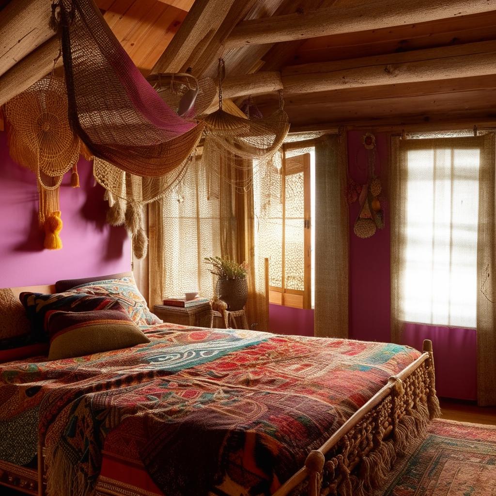 A bohemian styled bedroom with a wooden bed. The room is brightly lit and decorated with colorful, vibrant furnishings. This is an interior design photograph.