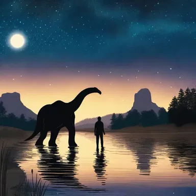Under the starry night sky, a couple strolls hand in hand, gazing at the mesmerizing sight of an Anatotitan gracefully wading through a nearby river.