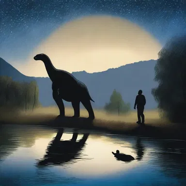Under the starry night sky, a couple strolls hand in hand, gazing at the mesmerizing sight of an Anatotitan gracefully wading through a nearby river.