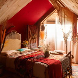 A bohemian styled bedroom with a wooden bed. The room is brightly lit and decorated with colorful, vibrant furnishings. This is an interior design photograph.