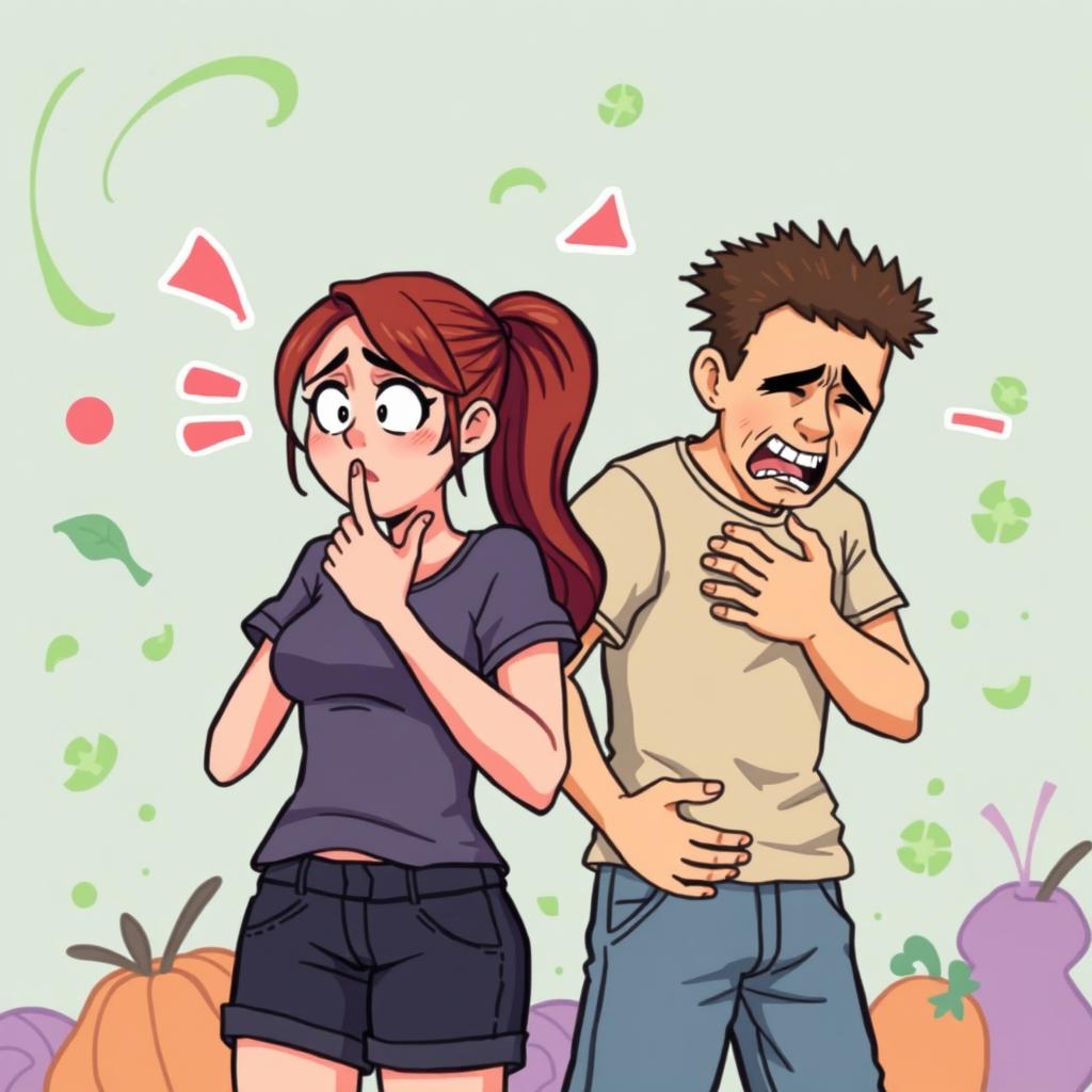 A man and a woman depicted in a pixel art style, both visibly struggling with feelings of nausea, as if they are about to vomit