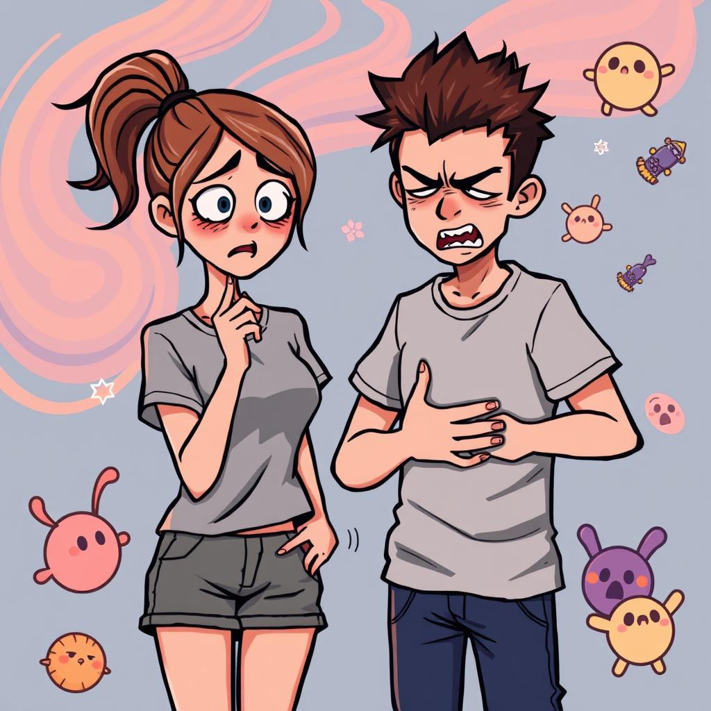 A man and a woman depicted in a pixel art style, both expressing strong feelings of nausea as if they are about to vomit