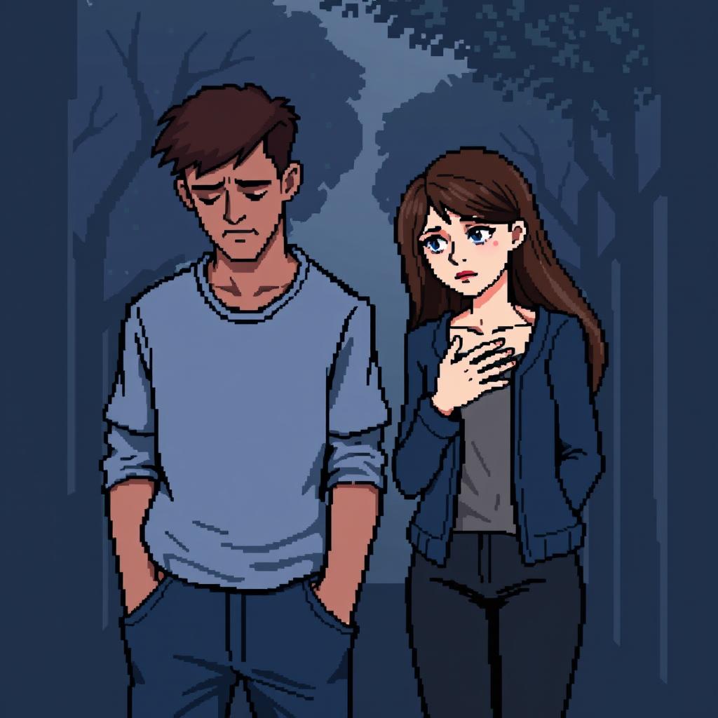 A pixel art scene featuring a man and a woman expressing feelings of guilt