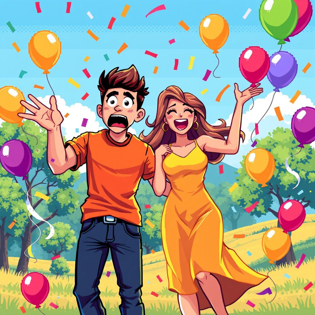 A vibrant pixel art scene depicting a man and a woman experiencing a moment of surprise