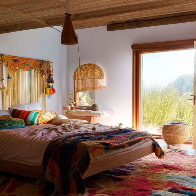 Brightly lit modern boho bedroom with a large window, wooden bed, and vibrantly colored furnishings in a perfectly arranged interior design setting.