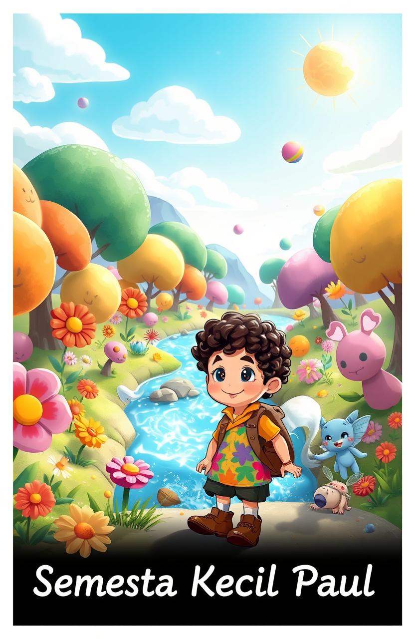 A whimsical, imaginative scene titled 'Semesta Kecil Paul' featuring a small, colorful universe inhabited by cute, cartoon-style creatures